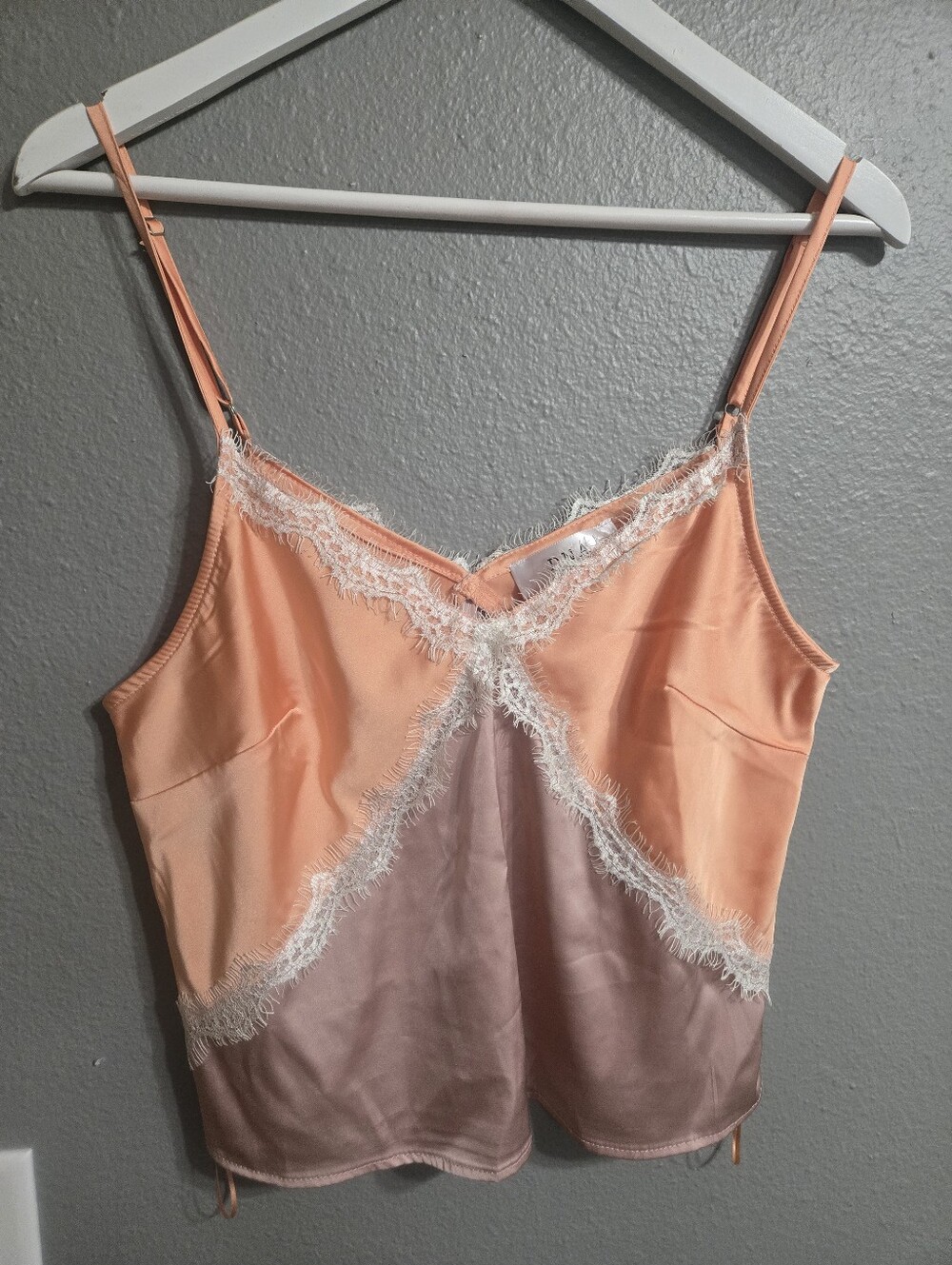 DNA couture Peach and Mauve Satin Lace-Trim Tank Top